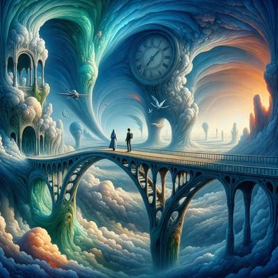 The primary subject of the image is a man and a woman walking across a bridge. The setting is a surreal, dreamlike environment with a clock tower in the background. The visual style is digital art, and the colors and mood are predominantly blue and whimsical.